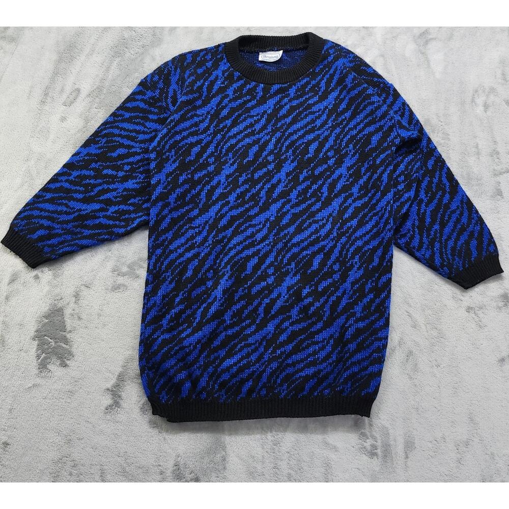 Vintage 80s Brunny Sweater Womens M Blue Black‎ Metallic Zebra Striped Crew Neck